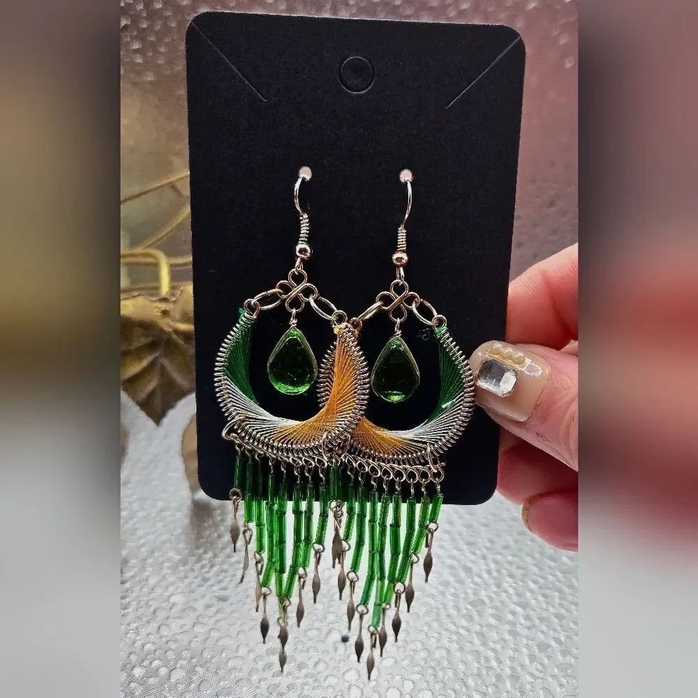 "5/$40" Peruvian Style Yellow/Green Silvertone Dangle Dream Catcher Earrings